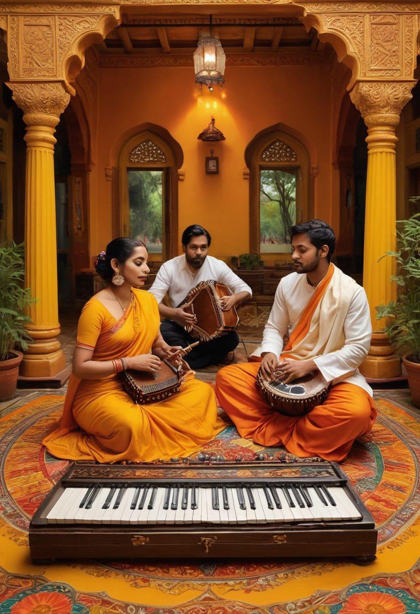 A kaleidoscopic scene depicting a traditional Bengali setting with musicians playing instruments like the tabla and harmonium, surrounded by colorful book covers and poetic verses swirling in the air. Rich cultural elements like alpana (floor art) and marigold flowers enhance the vibrancy. The portrayal should capture the essence of joy, creativity, and expression found in Bengali literature and music. super-realistic. vibrant colors. dynamic composition.