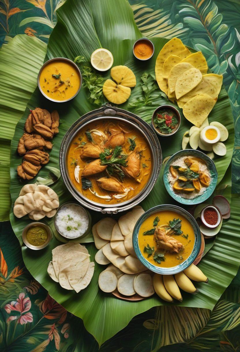 A vibrant spread of traditional Bengali dishes including fish curry, mustard greens, and sweet mishti, beautifully arranged on a banana leaf. Incorporate elements of Bengali cultural decor, such as intricate patterns and colorful textiles, in the background. Capture the essence of spices and flavors illustrated by artistic swirls of saffron and turmeric. The ambiance should evoke a warm, inviting atmosphere suitable for a feast. super-realistic. vibrant colors. warm lighting.