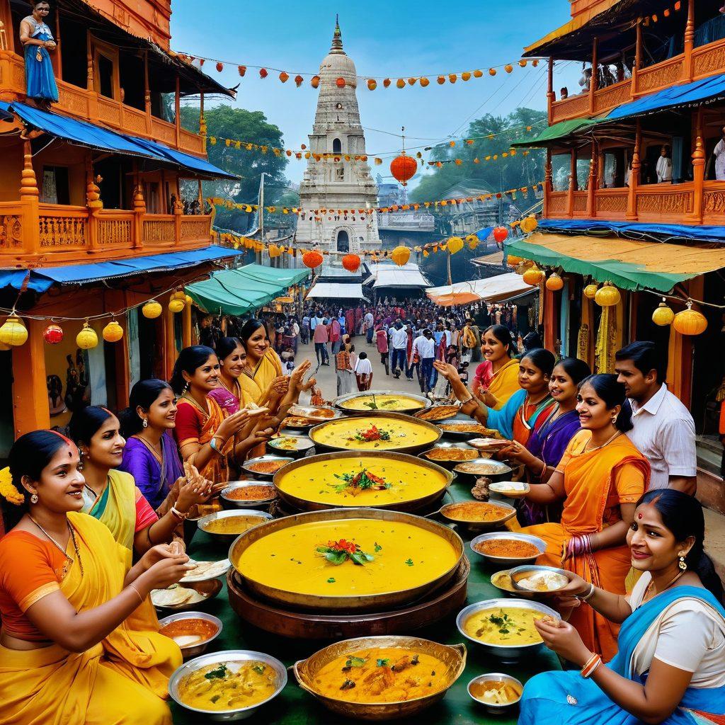 A colorful collage showcasing vibrant Bengali festivals with traditional decorations, mouth-watering Bengali cuisine like mishti doi and shorshe ilish, and intricate Bengali art forms such as patachitra. The scene is lively with people dressed in traditional attire, celebrating with joy. The background features iconic landmarks from Bengal, blending heritage and artistry. super-realistic. vibrant colors. rich textures.